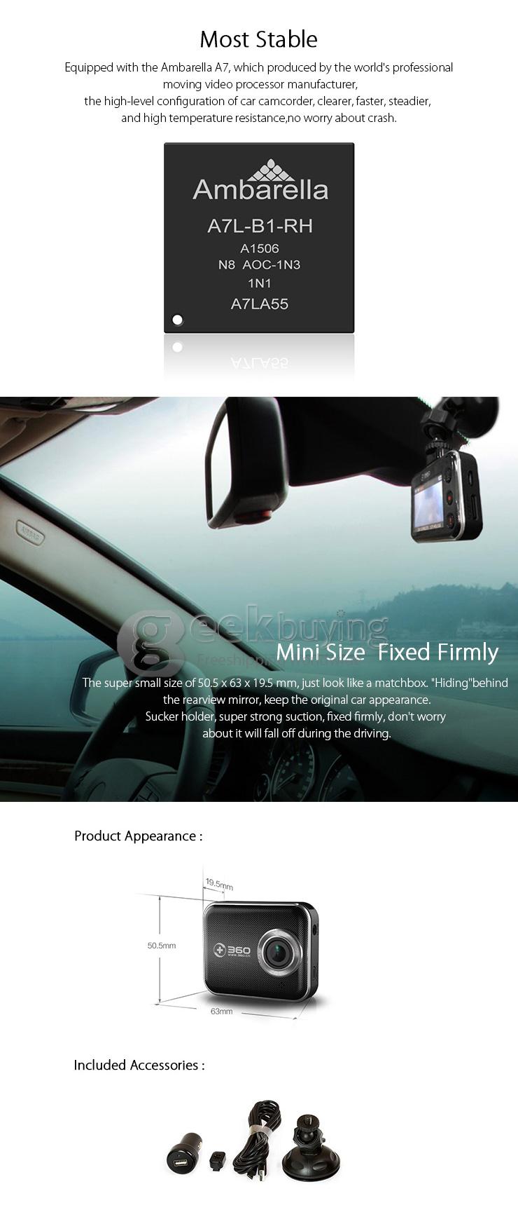 Qikoo 360 Ambarella A7LA55 5.0 MP COMS Car DVR 2.0inch 160 Degree HD 1296P Dashcam Wifi Logger Car Camcorder - Black