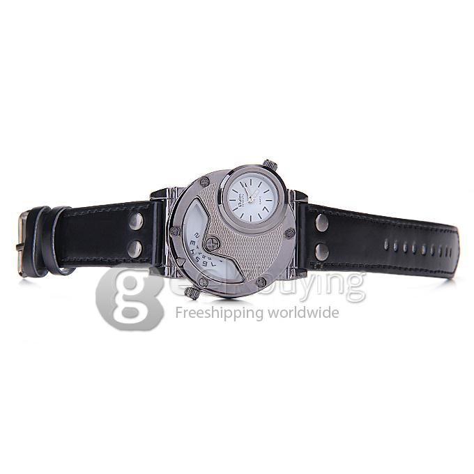 Oulm 9591 Fashion Men Sports Wrist Watch With Dual Time Zones And Leather Strap - White + Black