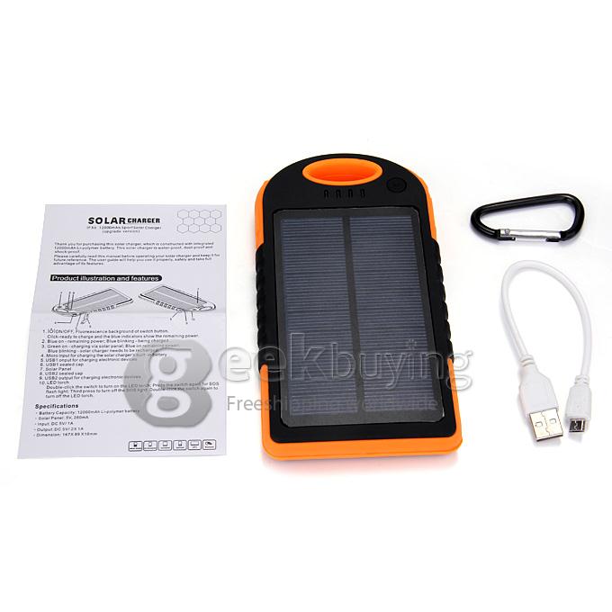Solar Panel Charger 12000mAh Rain/Dirt/Shockproof Dual USB Portable Charger Backup External Battery - Orange+Black