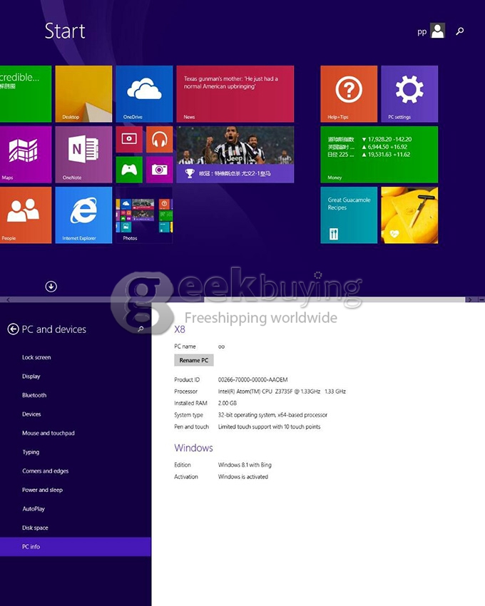 PIPO X8 Windows8.1 Android4.4 Dual Boot Intel Z3736F Quad Core Mini PC 7