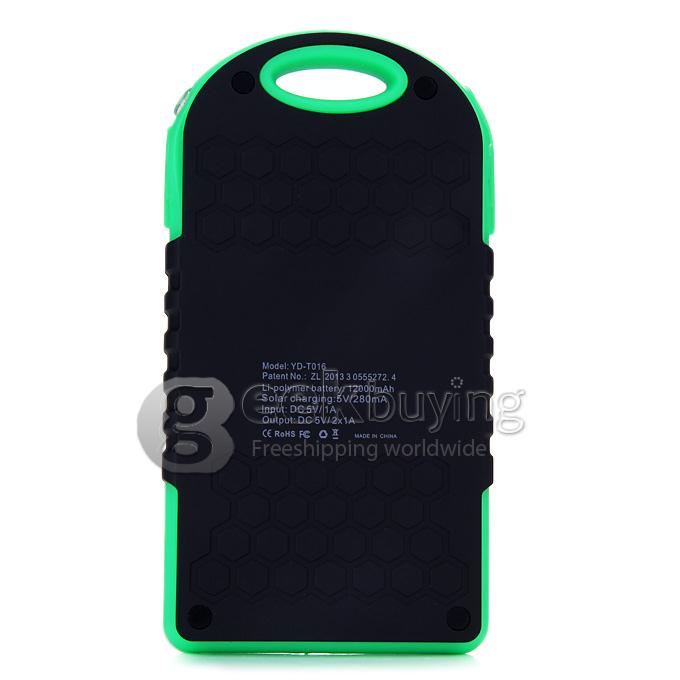 Solar Panel Charger 12000mAh Rain/Dirt/Shockproof Dual USB Portable Charger Backup External Battery - Green+Black