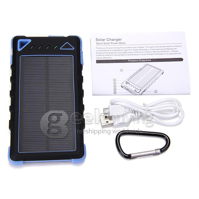 DS168 Solar Panel Mobile Charger 8000mAh Dual USB Power Bank Water/Dirt/Shockproof Portable Spare Charger - Blue