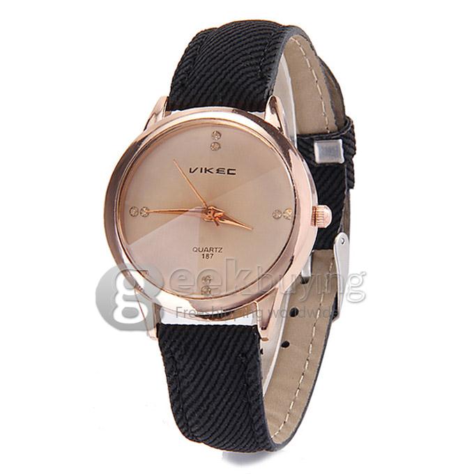 VIKEC 187 Fashion Brief Women Quartz Wrist Watch with Leather Belt - Black
