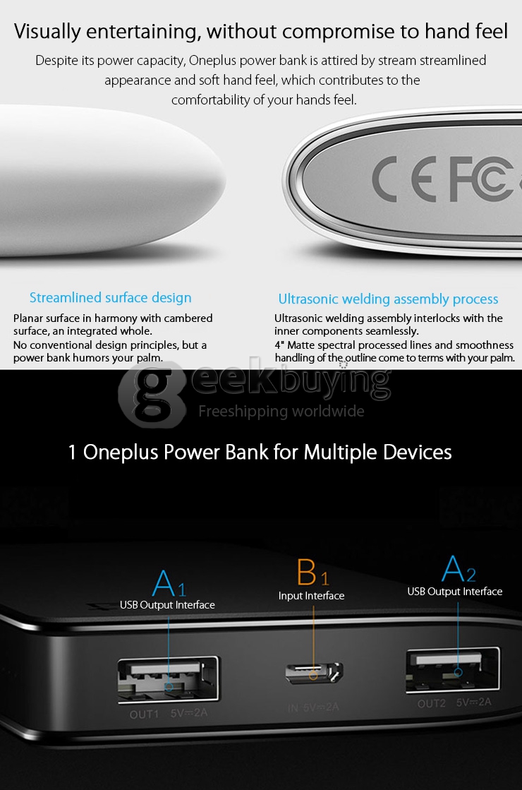 Original Oneplus 5V 2A 10000mAh Dual USB Power Bank External Battery for Samsung iPhone Smartphone Tablet - Silver