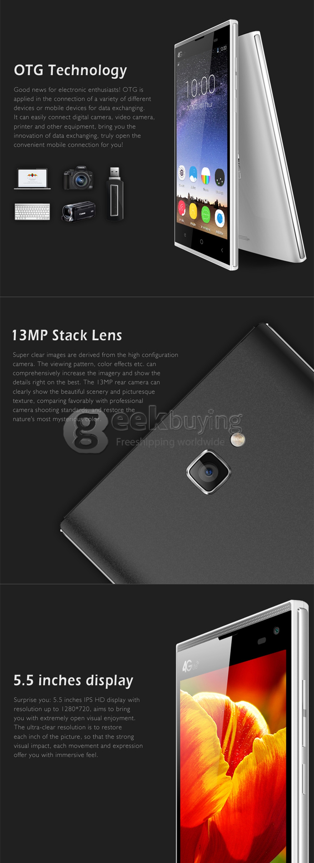 LEAGOO Elite 3 5.5 Inch Android 4.4 1GB 8GB Smartphone MTK6582+6290 Quad Core 1.3GHzIPS HD 13.0MP Hotknot OTG - Black