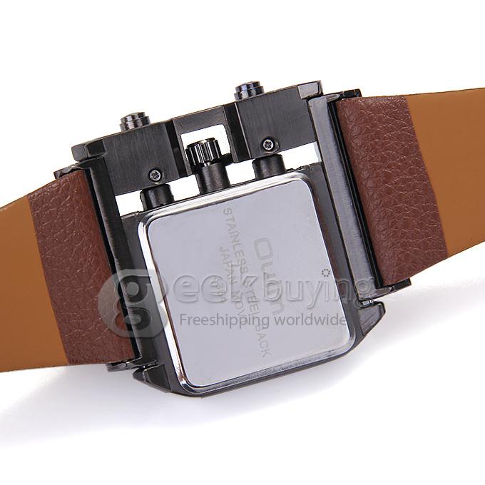Oulm 3364 Fashion Men Military Wristwatch Sports Quartz Watch With Rectangular Dial And Leather Strap - Brown
