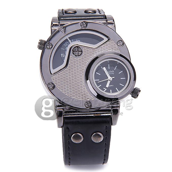 Oulm 9591 Fashion Men Sports Wrist Watch With Dual Time Zones And Leather Strap - Black