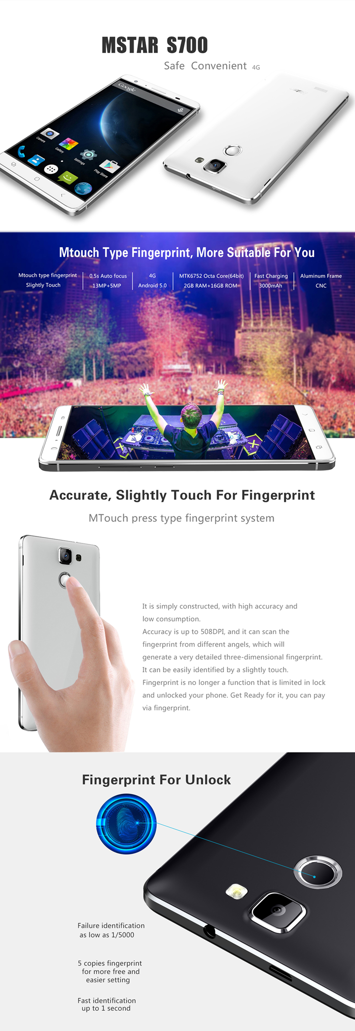 Mstar S700 5.5inch HD 4G LTE Android 5.0 2GB 16GB 64bit MTK6752 Octa Core 1.7GHz Smartphone 13.0MP Dual Camera - White