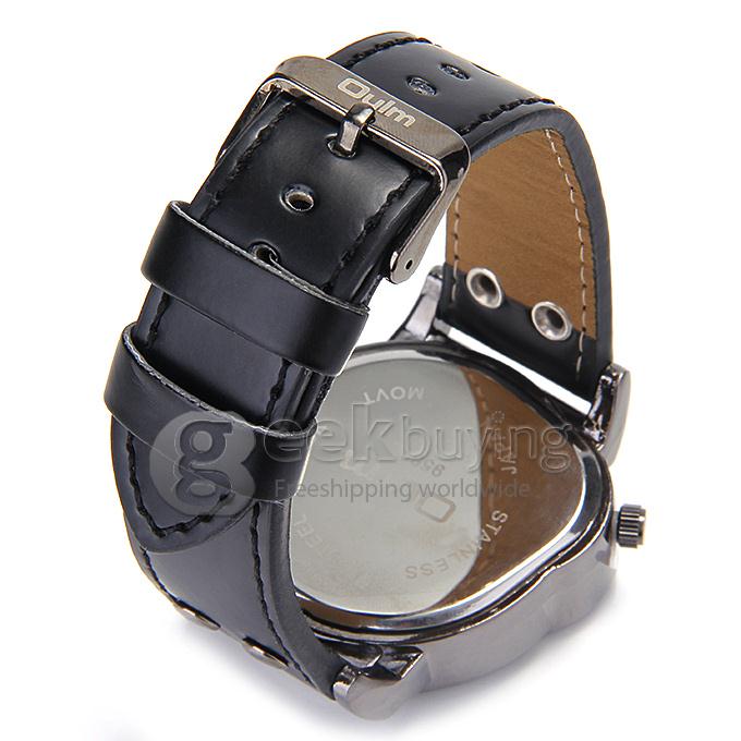 Oulm 9591 Fashion Men Sports Wrist Watch With Dual Time Zones And Leather Strap - Black