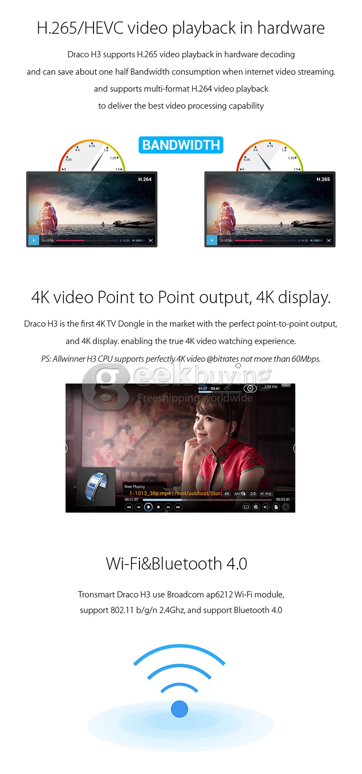Tronsmart Draco H3 Allwinner Quad-Core 4K TV Dongle Mini PC 1G/8G HDMI 802.11 b/g/n 2.4G BT4.0 H.265 OTA