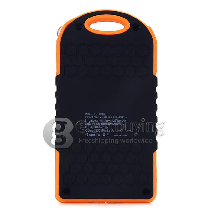 Solar Panel Charger 12000mAh Rain/Dirt/Shockproof Dual USB Portable Charger Backup External Battery - Orange+Black