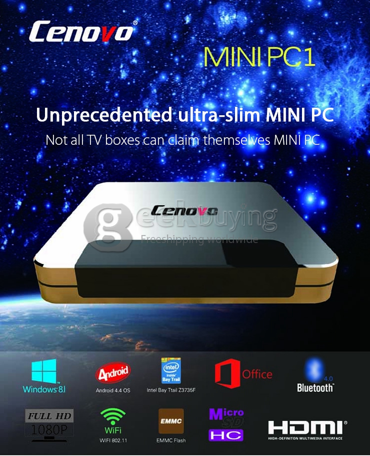 Cenovo Windows 8.1 Android 4.4 Dual OS Mini PC Intel Z3735F 1.8G 2G/32G 802.11 b/g/n LAN 1080P - Silver