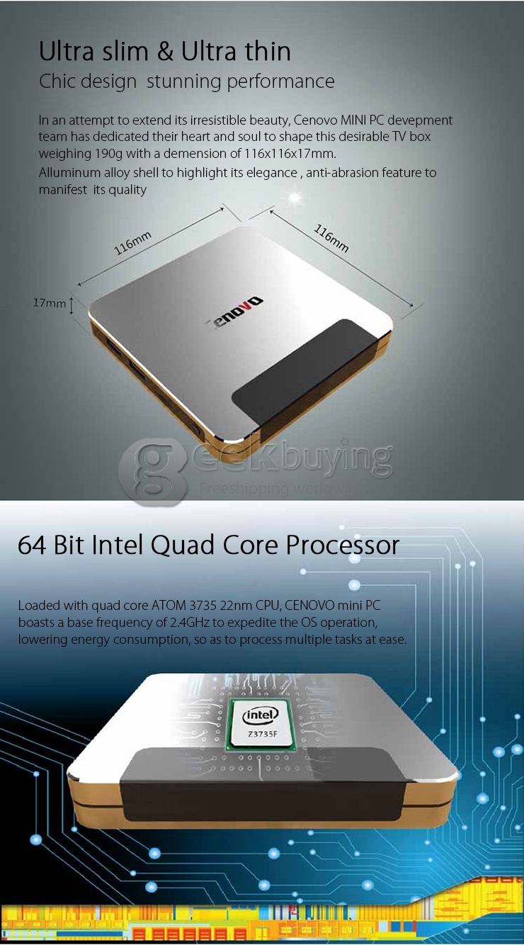 Cenovo Windows 8.1 Android 4.4 Dual OS Mini PC Intel Z3735F 1.8G 2G/32G 802.11 b/g/n LAN 1080P - Silver