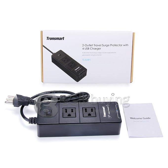 Tronsmart 2 Outlets Travel Surge Protector 4 USB 15000A Charger Power Strip With VoltIQ For iPhone/Samsung/MP3/Camera