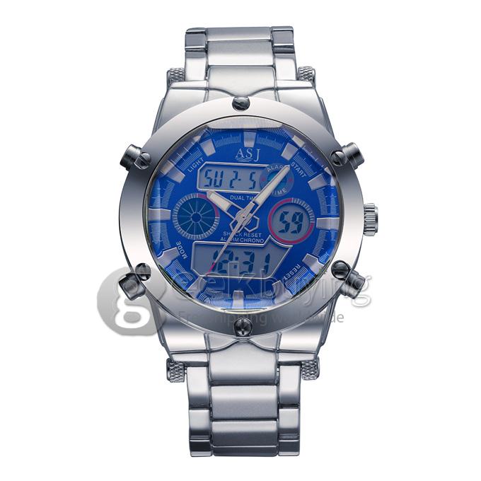 YR WH425 ASJ Fashion Electronic Men Quartz Watch With Dual Time Display Steel Strap - Blue + Silver