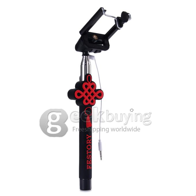 Universal Chinese Knot Style Wired Selfie Stick Extendable Monopod with 3.5mm Jack Cable For iPhone IOS Android - Black