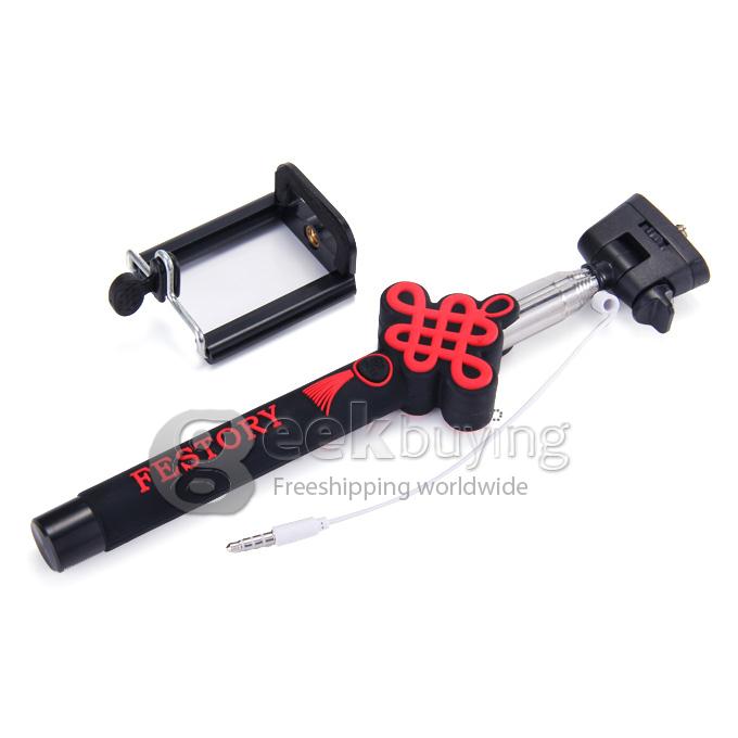 Universal Chinese Knot Style Wired Selfie Stick Extendable Monopod with 3.5mm Jack Cable For iPhone IOS Android - Black