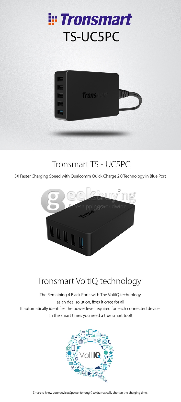 Qualcomm Certified Tronsmart Quick Charge 2.0 54W 5 Ports Desktop USB Charger Wall Charger with 1.8M DC/0.8M AC Cable for Samsung/Sony - UK Plug