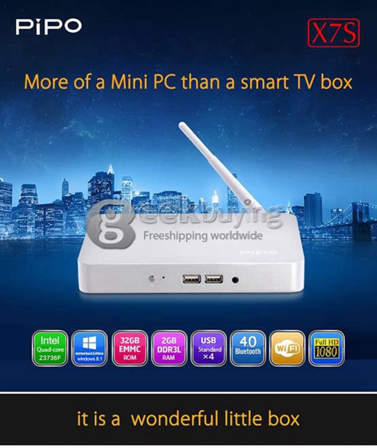 PIPO X7s X7 Dual Boot Intel Mini PC Windows 8.1 & Android 4.4 Intel Z3736F Quad Core 2G RAM 32G ROM WiFi Bluetooth - Black
