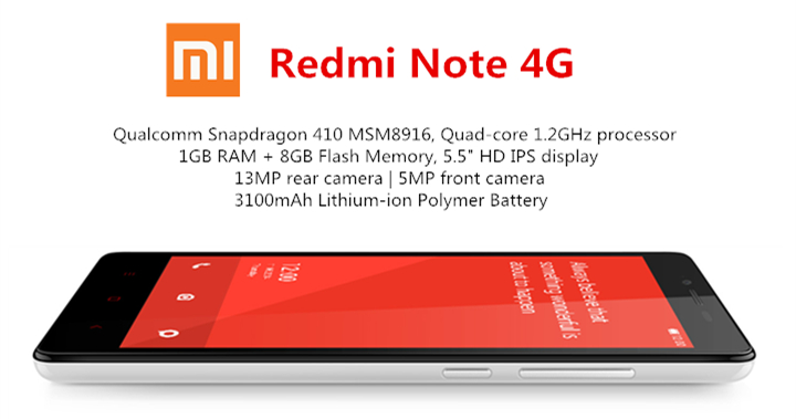 Xiaomi Redmi Note 5.5inch 4G LTE MIUI V6 1GB 8GB Smartphone Snapdragon MSM8916 Quad Core 1.2GHz 13.0MP GPS/OTG - White