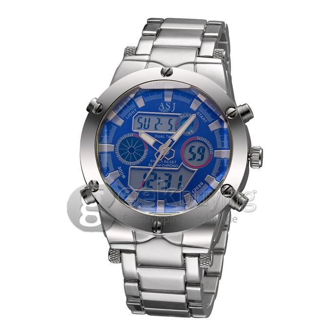 YR WH425 ASJ Fashion Electronic Men Quartz Watch With Dual Time Display Steel Strap - Blue + Silver