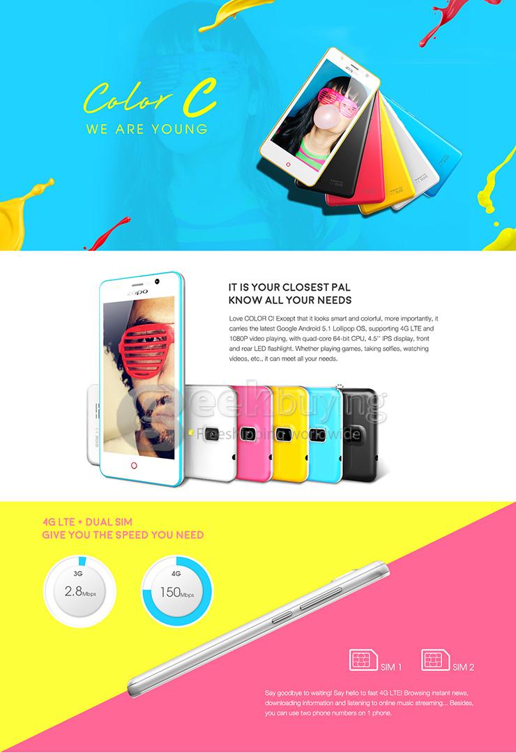 ZOPO ZP330 4.5inch 4G LTE Android 5.1 Smartphone 64bit MTK6735 Quad Core 1.0Ghz 1GB RAM 8GB ROM Miracast - Blue