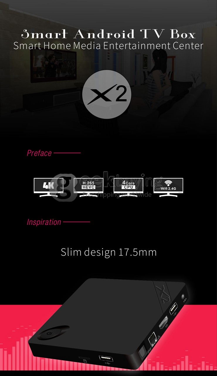 X2 Android 4.4 TV BOX Allwinner H3 Quad Core Mali 400MP2 1G/8G 802.11b/g/n LAN HDMI 4K H.265