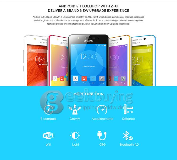 ZOPO ZP330 4.5inch 4G LTE Android 5.1 Smartphone 64bit MTK6735 Quad Core 1.0Ghz 1GB RAM 8GB ROM Miracast - Blue