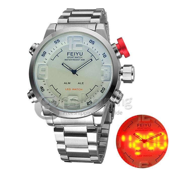 YR WH240 Fashion Luxury Men LED Steel Sports Outdoor Quartz Watches - White