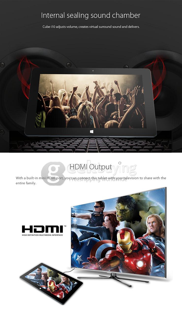 Cube i10 Dual OS Tablet PC 2GB/32GB Win8.1 + Android4.4 Intel Z3735F Quad Core 1.8GHz 10.6 Inch 1366*768 Bluetooth WiFi HDMI - Black