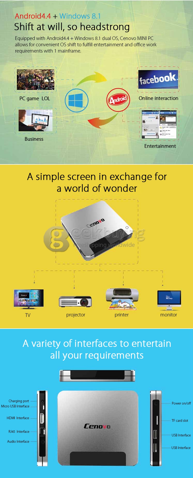 Cenovo Windows 8.1 Android 4.4 Dual OS Mini PC Intel Z3735F 1.8G 2G/32G 802.11 b/g/n LAN 1080P - Silver