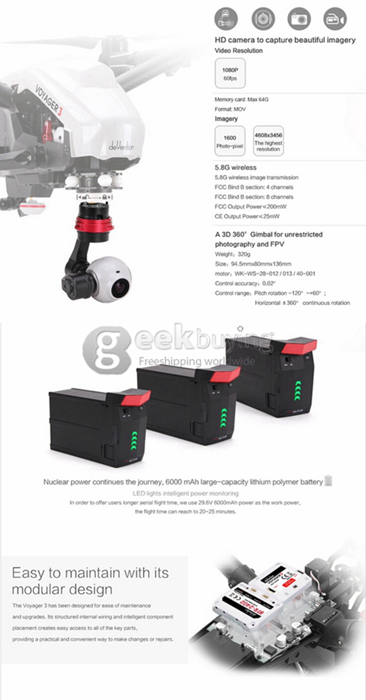 Walkera Voyager 3 Helicopter 3 Axis Brushless 3D Gimbal 1080P GPS/GLONASS OTH 5.8G FPV Follow Me Mode