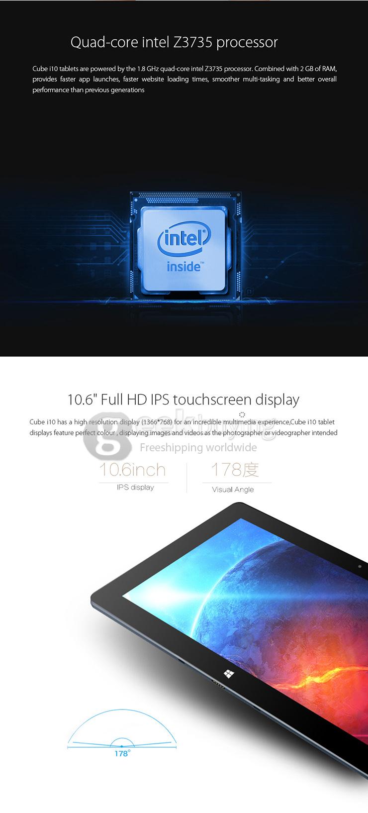 Cube i10 Dual OS Tablet PC 2GB/32GB Win8.1 + Android4.4 Intel Z3735F Quad Core 1.8GHz 10.6 Inch 1366*768 Bluetooth WiFi HDMI - Black