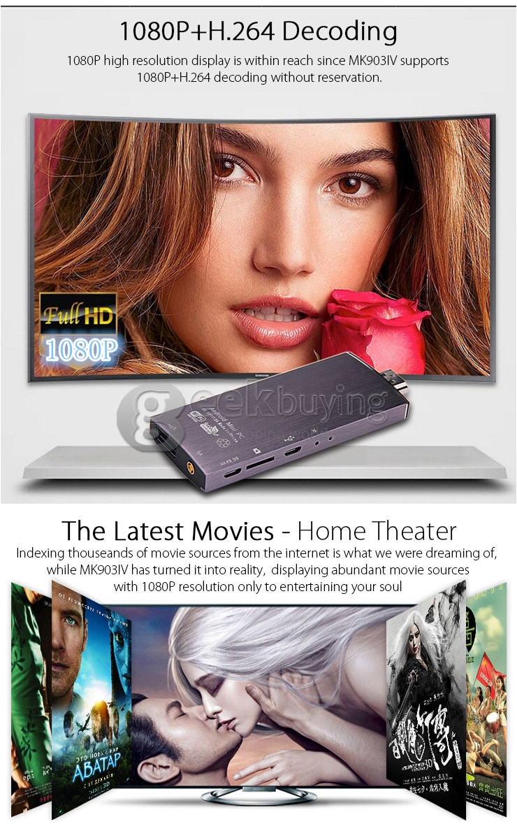 MK903IV Android 4.4.2 Mini TV Dongle RK3188T Quad Core 2G/8G 802.11b/g/n BT4.0 HDMI 1080P DLNA Miracast Airplay