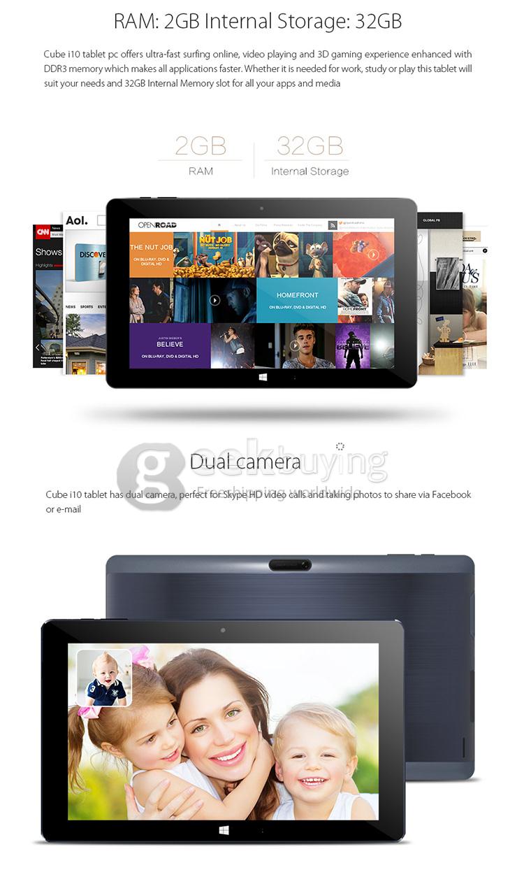 Cube i10 Dual OS Tablet PC 2GB/32GB Win8.1 + Android4.4 Intel Z3735F Quad Core 1.8GHz 10.6 Inch 1366*768 Bluetooth WiFi HDMI - Black