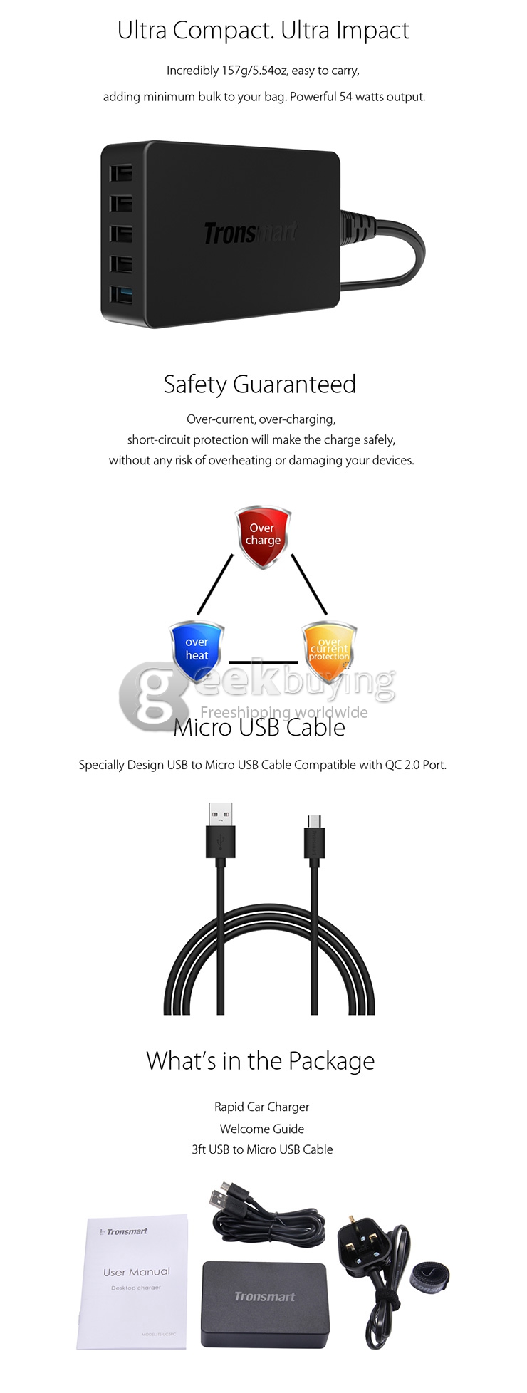 Qualcomm Certified Tronsmart Quick Charge 2.0 54W 5 Ports Desktop USB Charger Wall Charger with 1.8M DC/0.8M AC Cable for Samsung/Sony - UK Plug