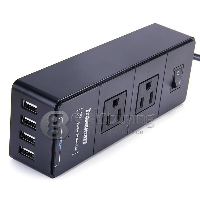Tronsmart 2 Outlets Travel Surge Protector 4 USB 15000A Charger Power Strip With VoltIQ For iPhone/Samsung/MP3/Camera