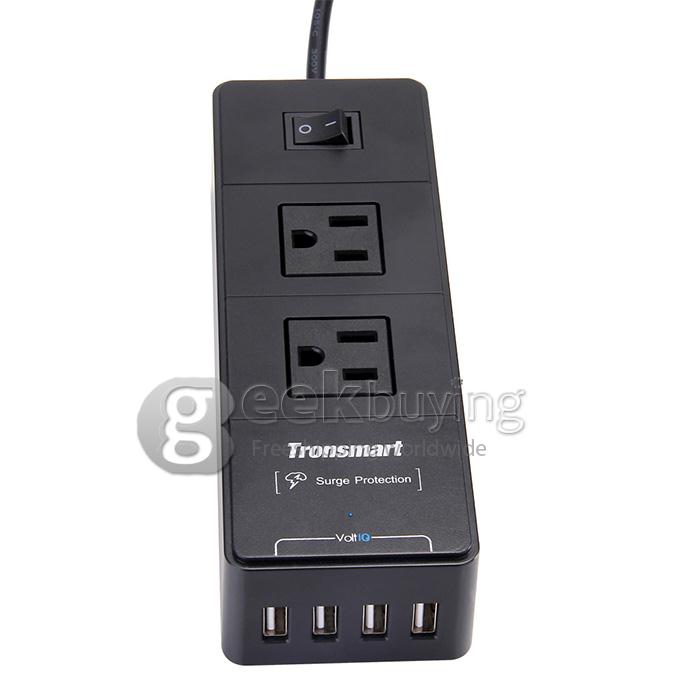 Tronsmart 2 Outlets Travel Surge Protector 4 USB 15000A Charger Power Strip With VoltIQ For iPhone/Samsung/MP3/Camera