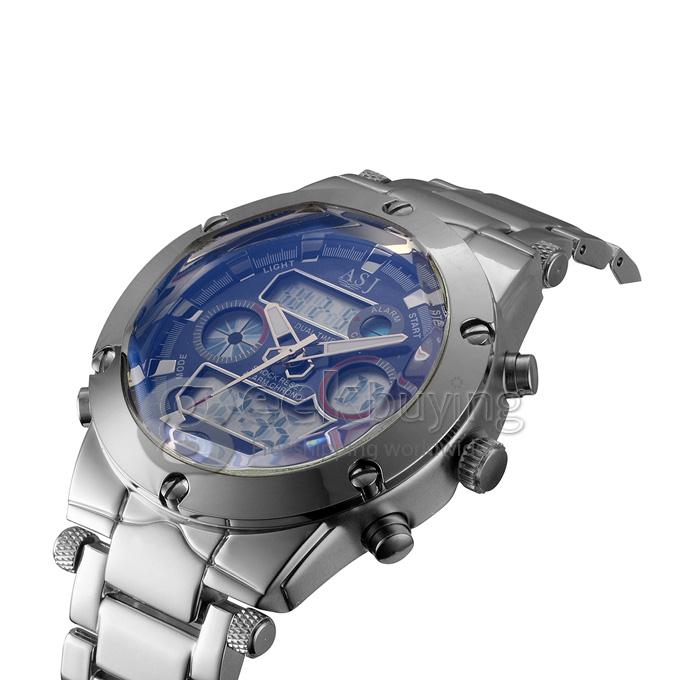 YR WH425 ASJ Fashion Electronic Men Quartz Watch With Dual Time Display Steel Strap - Blue + Silver