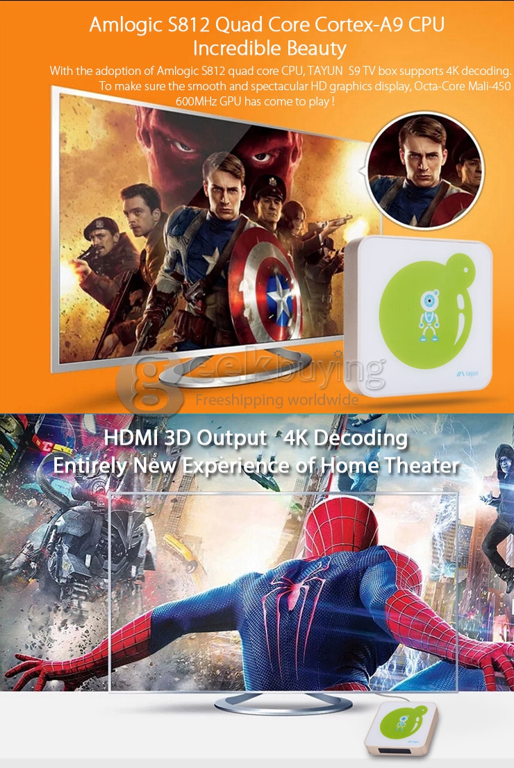 TAYUN S9 Android 4.4.2 TV Box Mini PC Amlogic S812 Cortex-A9 1G/8G Mali-450 802.11 b/g/n LAN BT4.0 Miracast Airplay DLNA 4K H.265 DHMI XBMC DOLBY 3D Blu-Ray Media Player