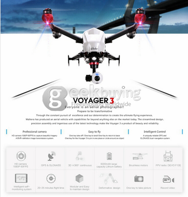 Walkera Voyager 3 RC Helicopter 3 Axis Brushless 3D Gimbal 1080P GPS/GLONASS OTH 5.8G FPV Follow Me Mode - Carbon Fiber