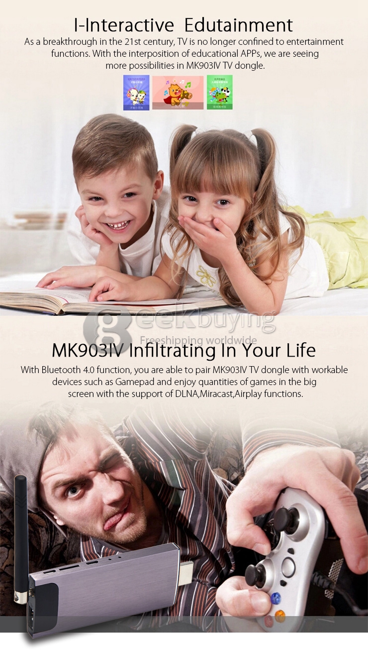 MK903IV Android 4.4.2 Mini TV Dongle RK3188T Quad Core 2G/8G 802.11b/g/n BT4.0 HDMI 1080P DLNA Miracast Airplay