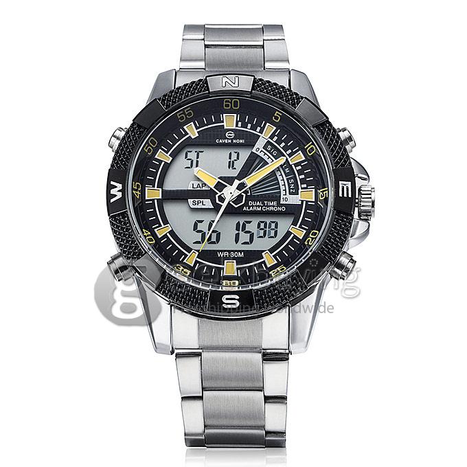 YR NONI-001 Fashion Electronic Quartz Men Sports Watch With Analog & Digital Dual Time Display - Yellow + Silver