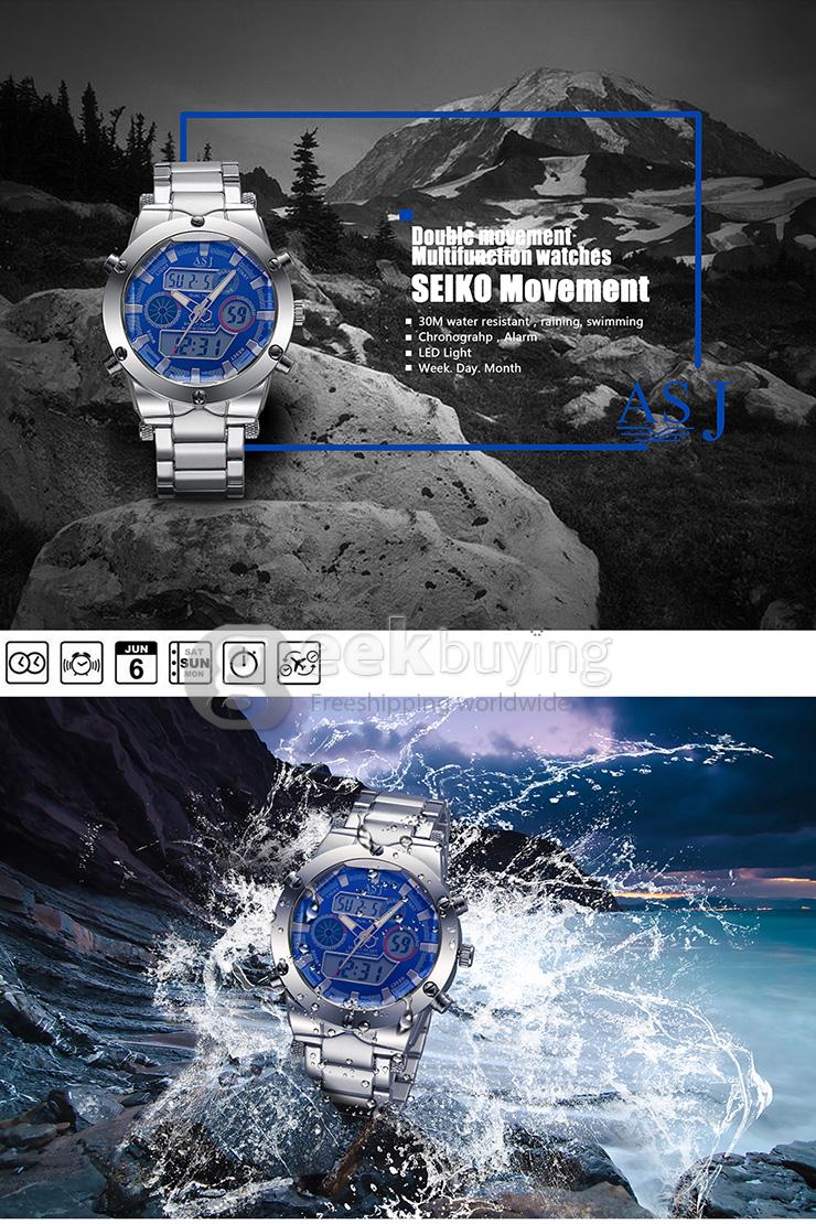 YR WH425 ASJ Fashion Electronic Men Quartz Watch With Dual Time Display Steel Strap - Blue + Silver