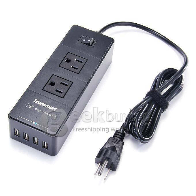 Tronsmart 2 Outlets Travel Surge Protector 4 USB 15000A Charger Power Strip With VoltIQ For iPhone/Samsung/MP3/Camera