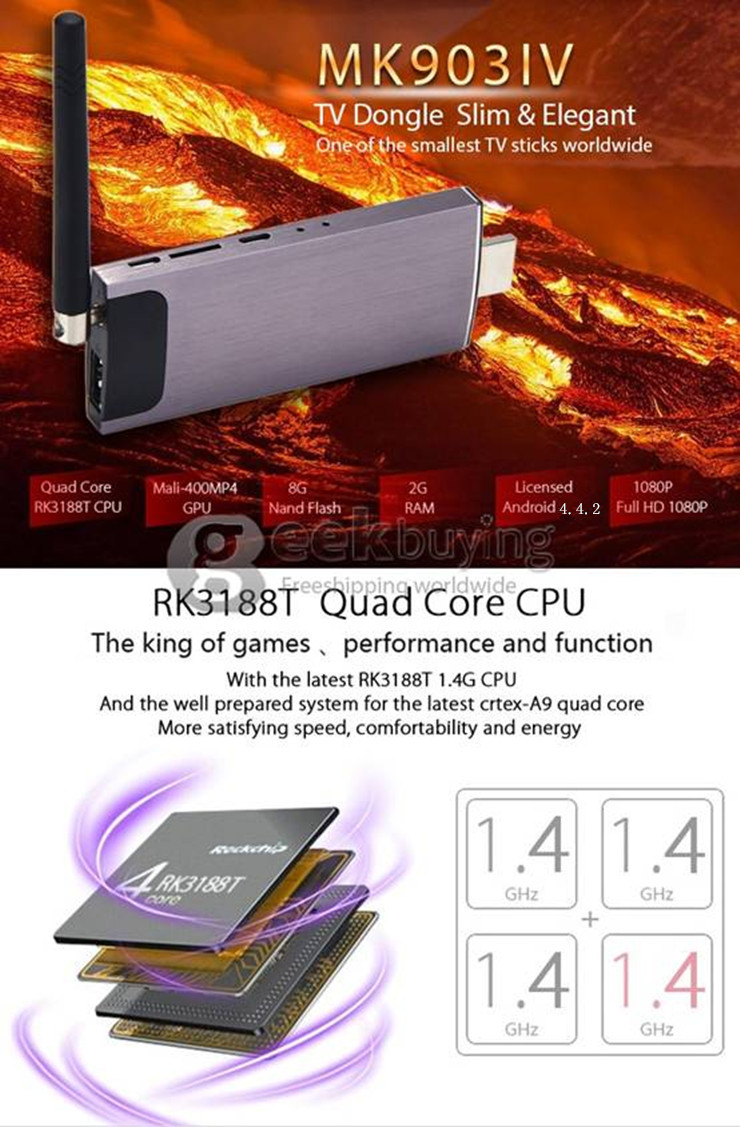 MK903IV Android 4.4.2 Mini TV Dongle RK3188T Quad Core 2G/8G 802.11b/g/n BT4.0 HDMI 1080P DLNA Miracast Airplay