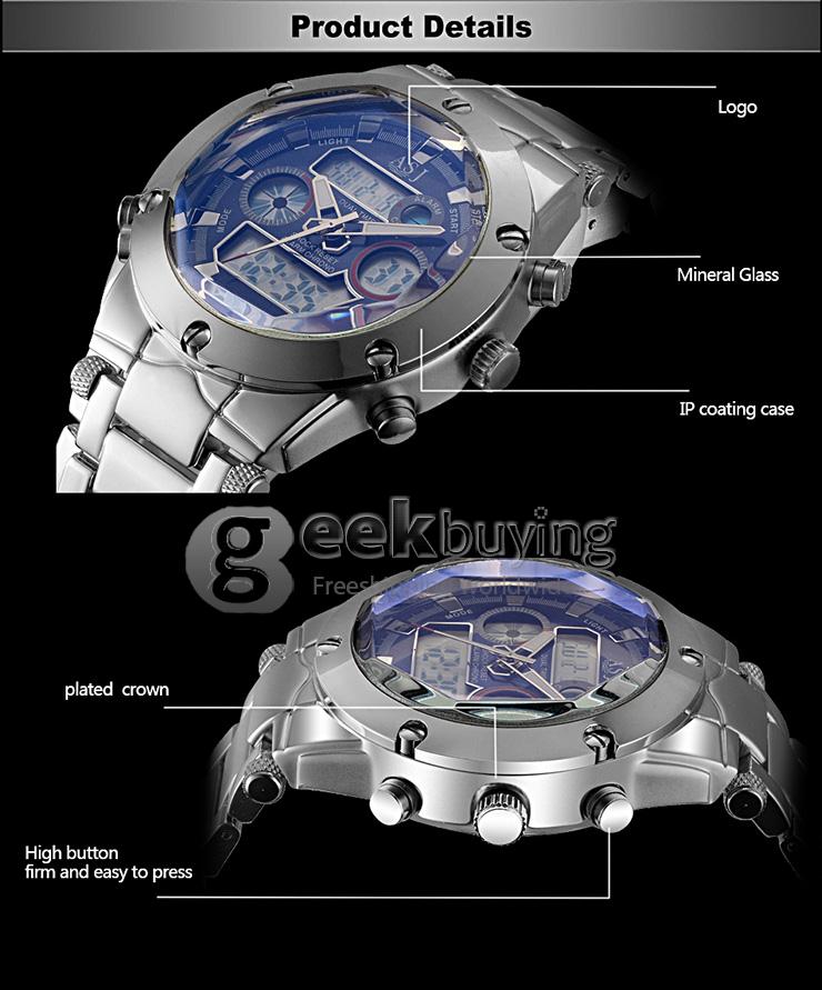 YR WH425 ASJ Fashion Electronic Men Quartz Watch With Dual Time Display Steel Strap - Blue + Silver