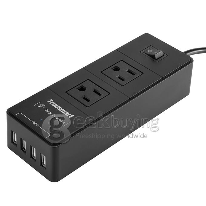 Tronsmart 2 Outlets Travel Surge Protector 4 USB 15000A Charger Power Strip With VoltIQ For iPhone/Samsung/MP3/Camera