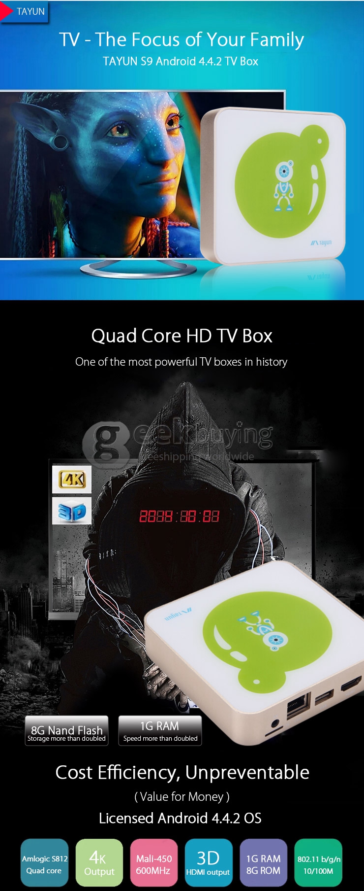 TAYUN S9 Android 4.4.2 TV Box Mini PC Amlogic S812 Cortex-A9 1G/8G Mali-450 802.11 b/g/n LAN BT4.0 Miracast Airplay DLNA 4K H.265 DHMI XBMC DOLBY 3D Blu-Ray Media Player