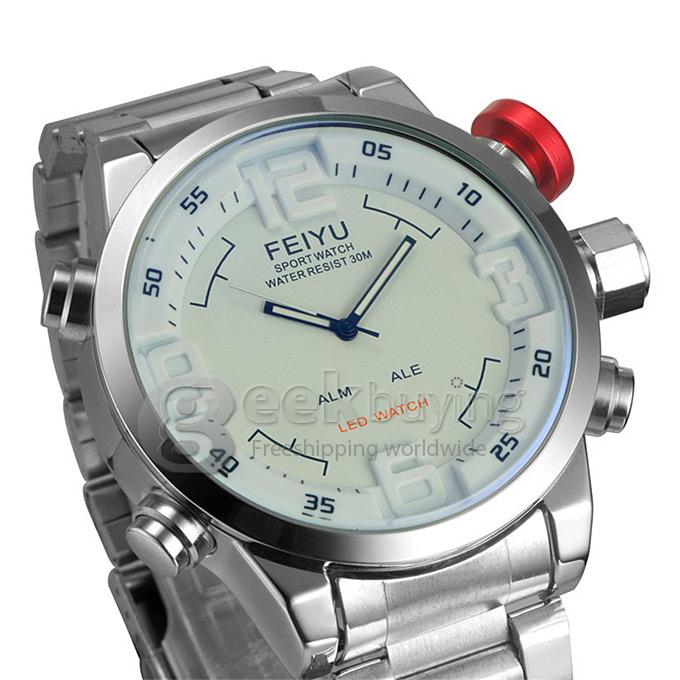 YR WH240 Fashion Luxury Men LED Steel Sports Outdoor Quartz Watches - White